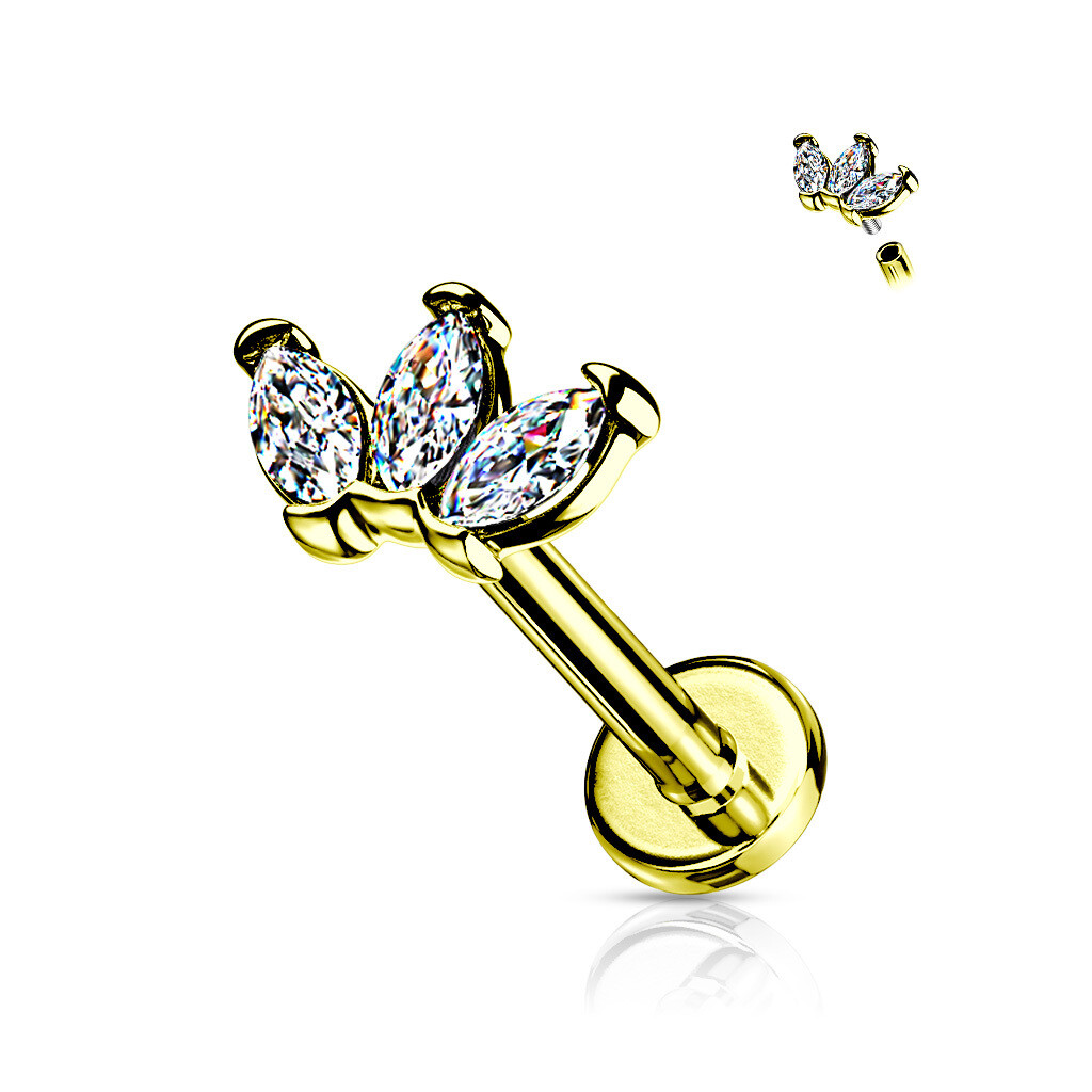 Triple Marquise CZ on Internally Threaded 316L Surgical Steel Flat Back Studs for Cartilage, Labret, and More
