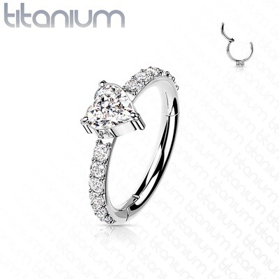 Implant Grade Titanium Hinged Segment Hoop Ring with CZ Heart Center and CZ Paved Sides