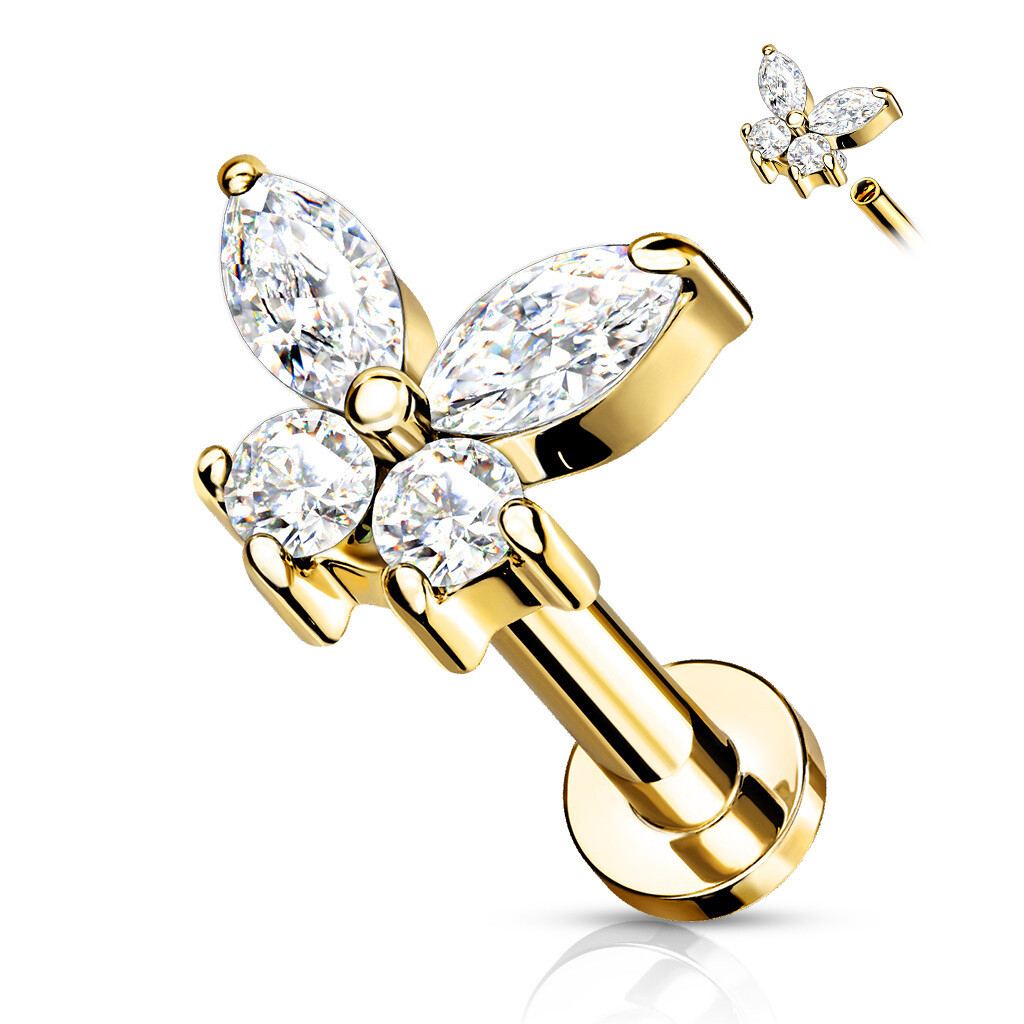 CZ Butterfly Top on Internally Threaded 316L Surgical Steel Flat Back Studs for Labret, Monroe, Cartilage and More