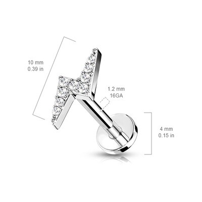 Lightning Bolt Paved with Round CZ Top Internally Threaded 316L Surgical Steel Flat Back Studs for Cartilage, Labret, and More