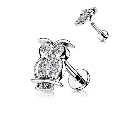 CZ Paved Owl Top on Internally Threaded 316L Surgical Steel Flat Back Stud for Labret, Monroe, Cartilage and More