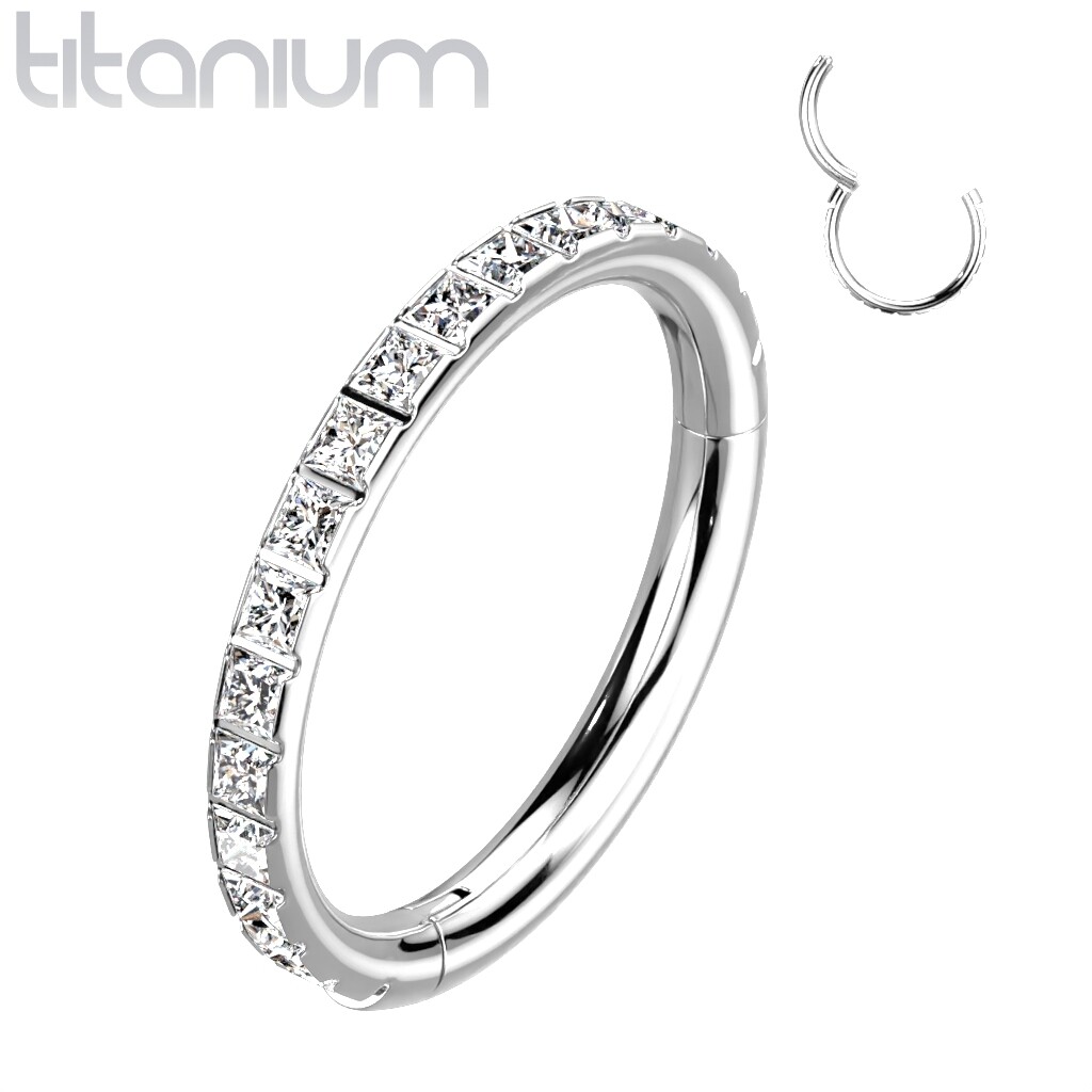 Implant Grade Titanium Hinged Segment Hoop Ring with Outward Facing Square CZ Paved