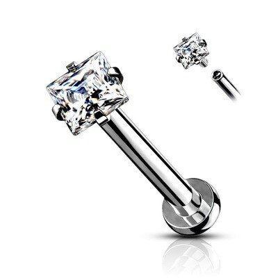 Sqaure CZ Prong Set Top Internally Threaded Micro Base 316L Surgical Steel Labret, Flat Back Studs For Lip, Chin, Nose and More
