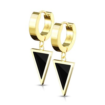 Pair of Stainless Steel Hinged Hoop Earrings with Black Enamel Filled Triangle Dangle