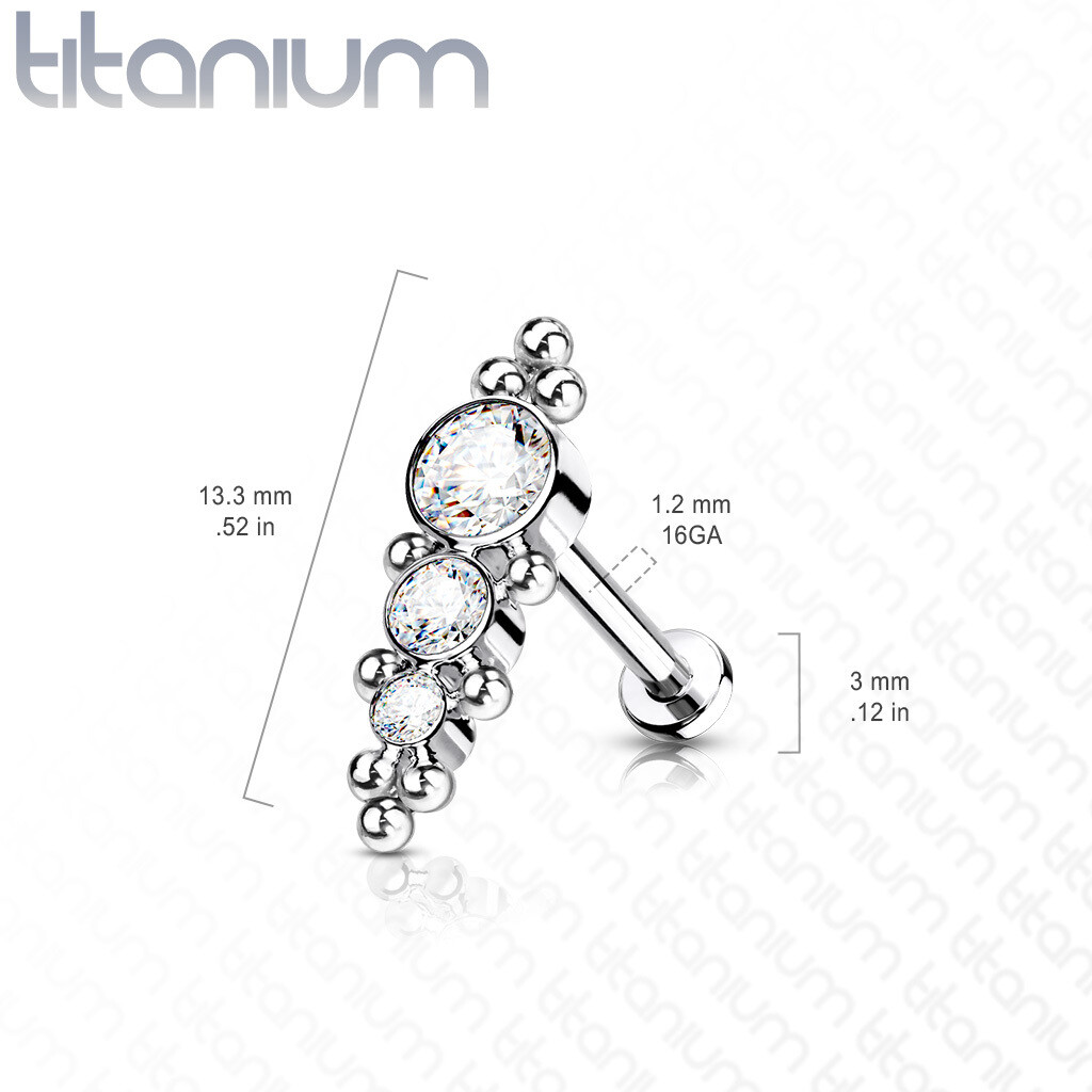 Implant Grade Titanium Internally Threaded Labret, Flat Back Stud with 3 Descending CZ and Ball Clusters