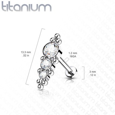 Implant Grade Titanium Internally Threaded Labret, Flat Back Stud with 3 Descending CZ and Ball Clusters