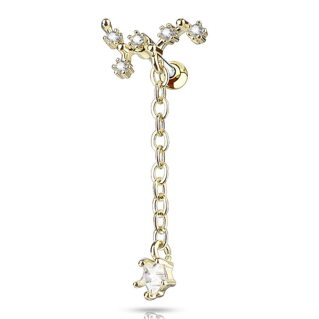 CZ Vine with Long Chain Dangled CZ Star 316L Surgical Steel Cartilage, Tragus Barbell Studs