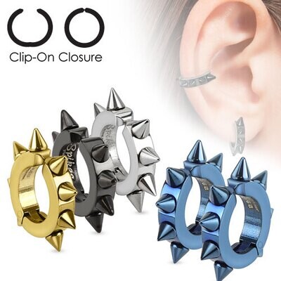 Oval Hoop Pair of 316L Surgical Stainless Steel IP Non Piercing Ear Cuff Clip On Earrings with Spikes