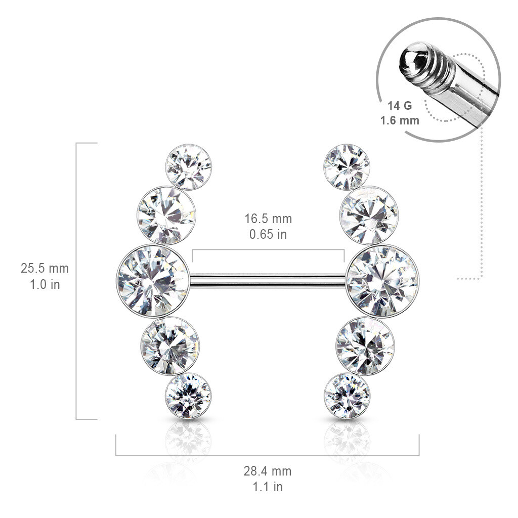 Five Round Crystals Surgical Steel Barbell Nipple Rings