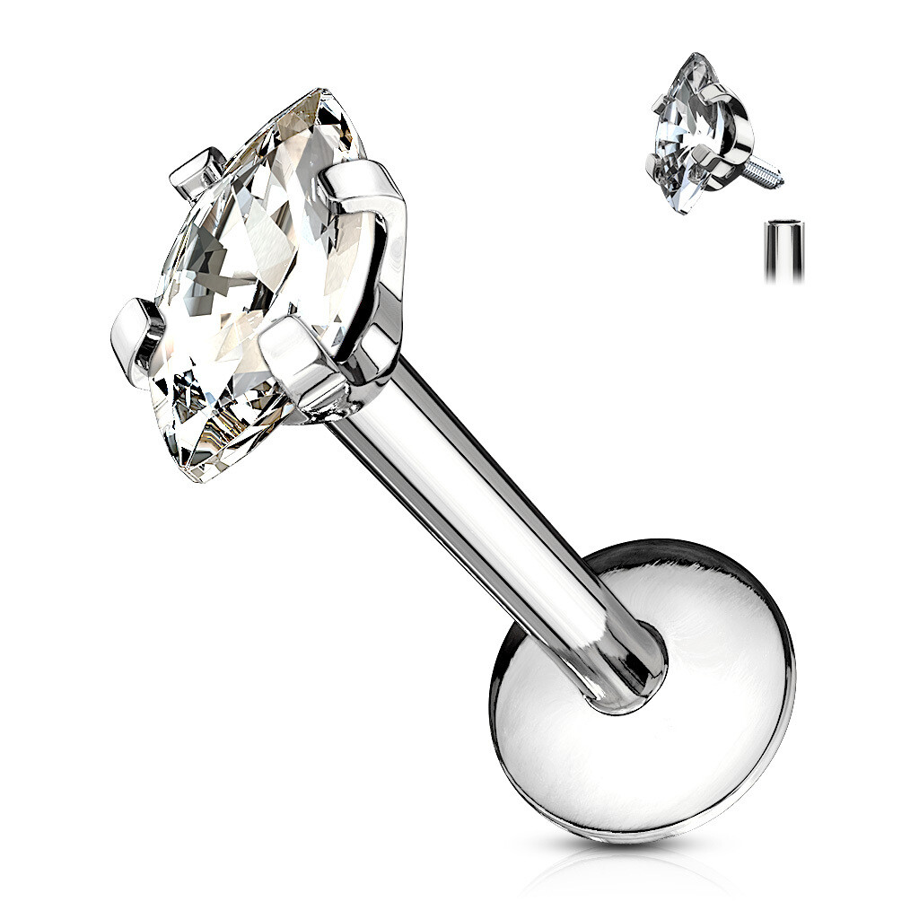 Marquise Internally Threaded Flat Back, Size: 6mm, Colour: Silver/Clear