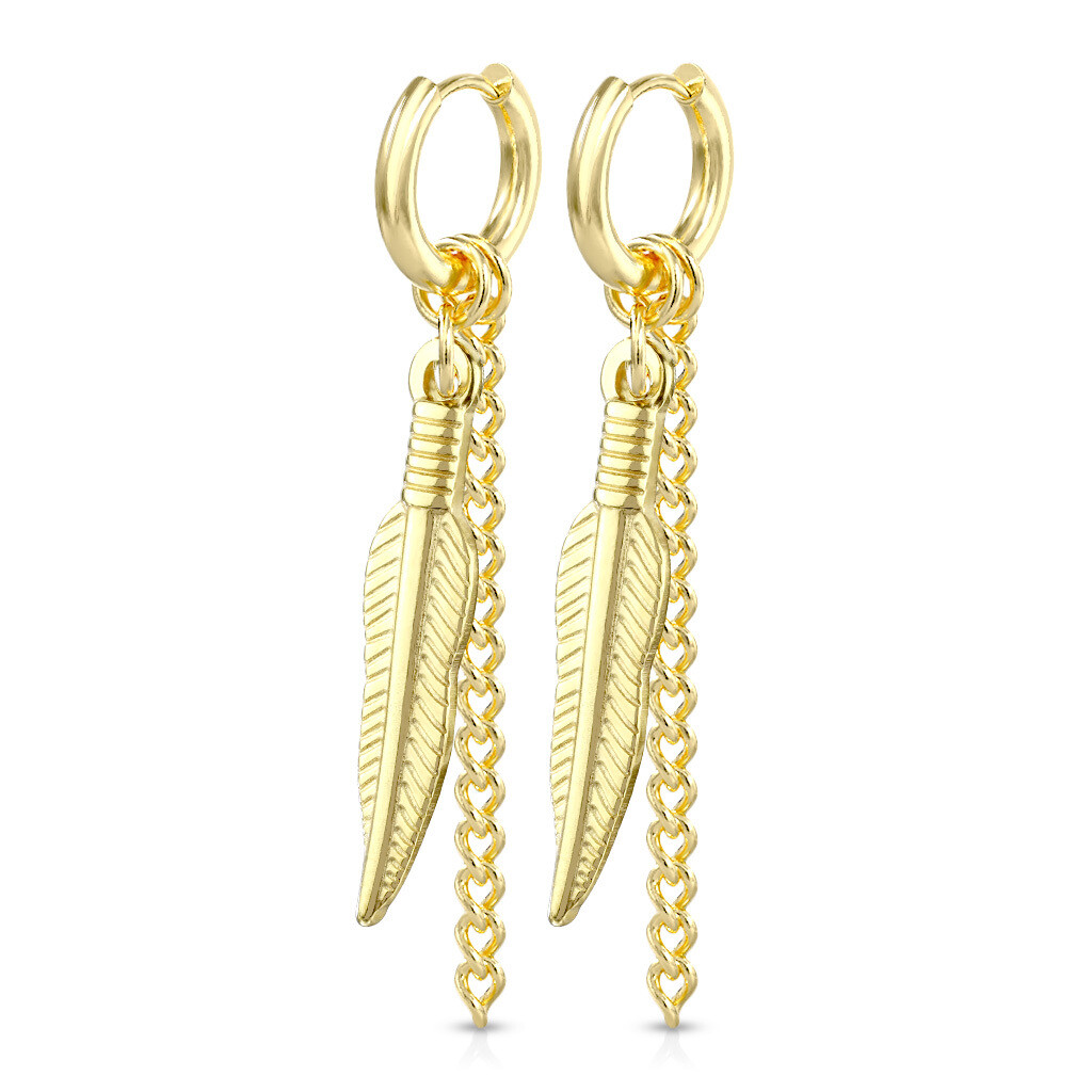 Pair of Feather and Chain Dangle Stainless Steel Round Clicker Hoop Earring