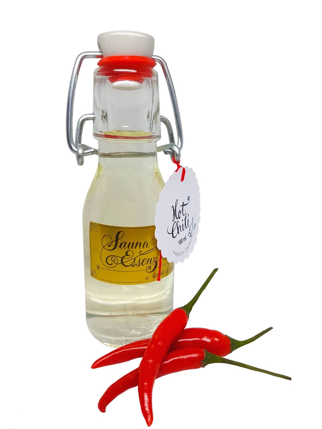 HOT CHILI Sauna-Essenz, Saunaufguss-Konzentrat mit ätherischen Ölen, Saunaduft in der Glasbügelflasche 100ml