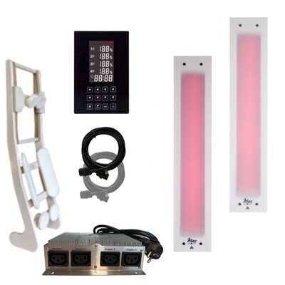 SET 1x Rückenstrahler InfraROTmed MAX© ICE 500W + 1x Frontstrahler InfraROTmed MAX© ICE 750W + icon 4 TOUCH + Lehne HaLu