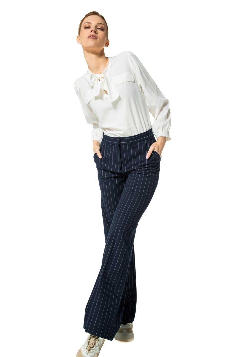 Caroline biss broek gestreept blauw wit
