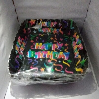 Platos Happy Birthday - Negros 6" x 10 Unidades - Bandeja Cuadrada