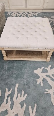 Off White Linen Weave Tufted Ottoman