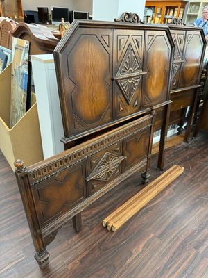 Vintage Oak Gothic Revival Twin Bed