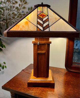 Craftsman Wood &amp; Slag Glass Lamp