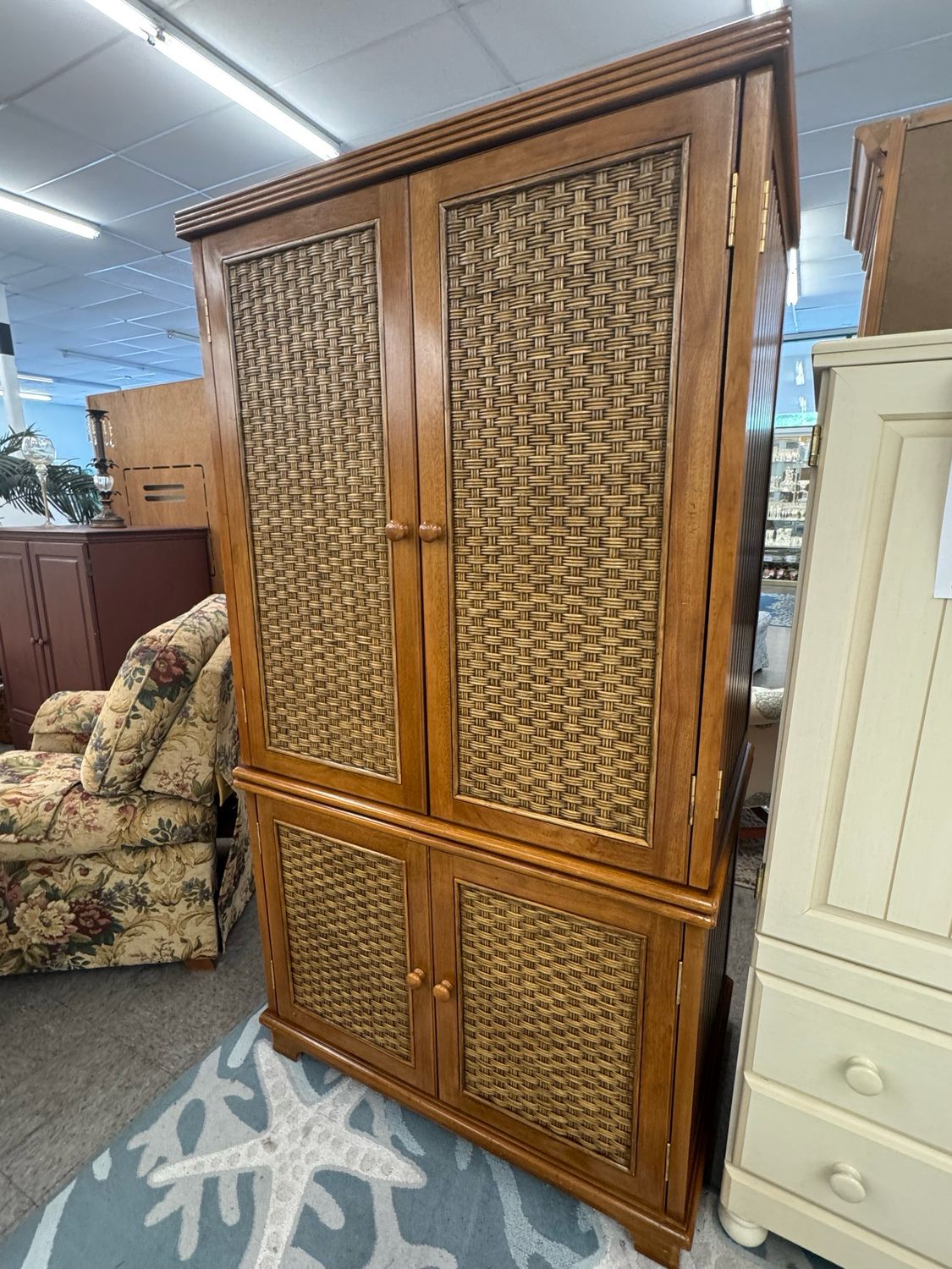Rattan Weave Coastal Armoire Cabinet