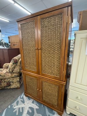 Rattan Weave Coastal Armoire Cabinet
