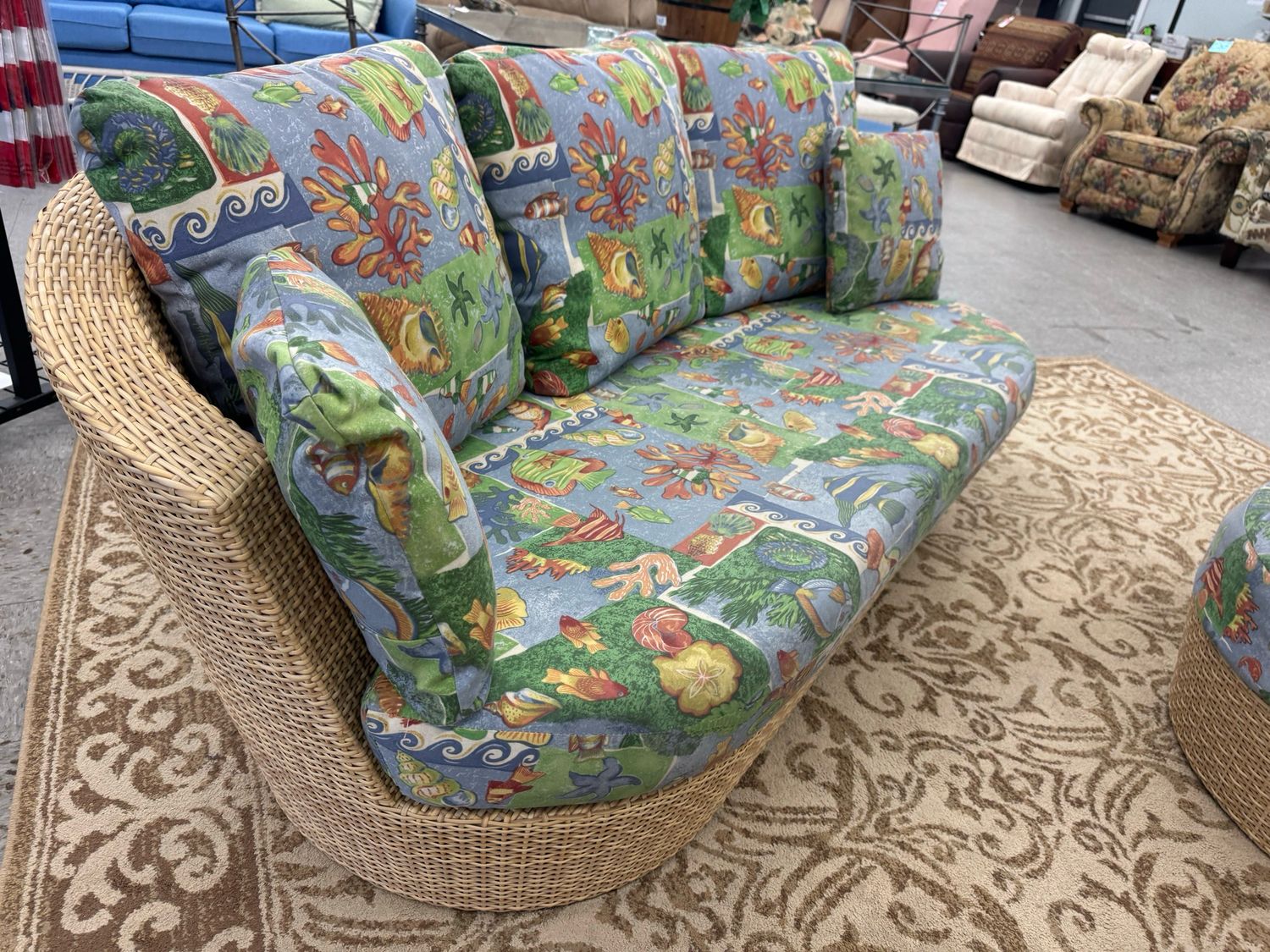 Contemp Poly Wicker Porch Sofa + Performance Fabric Cushions