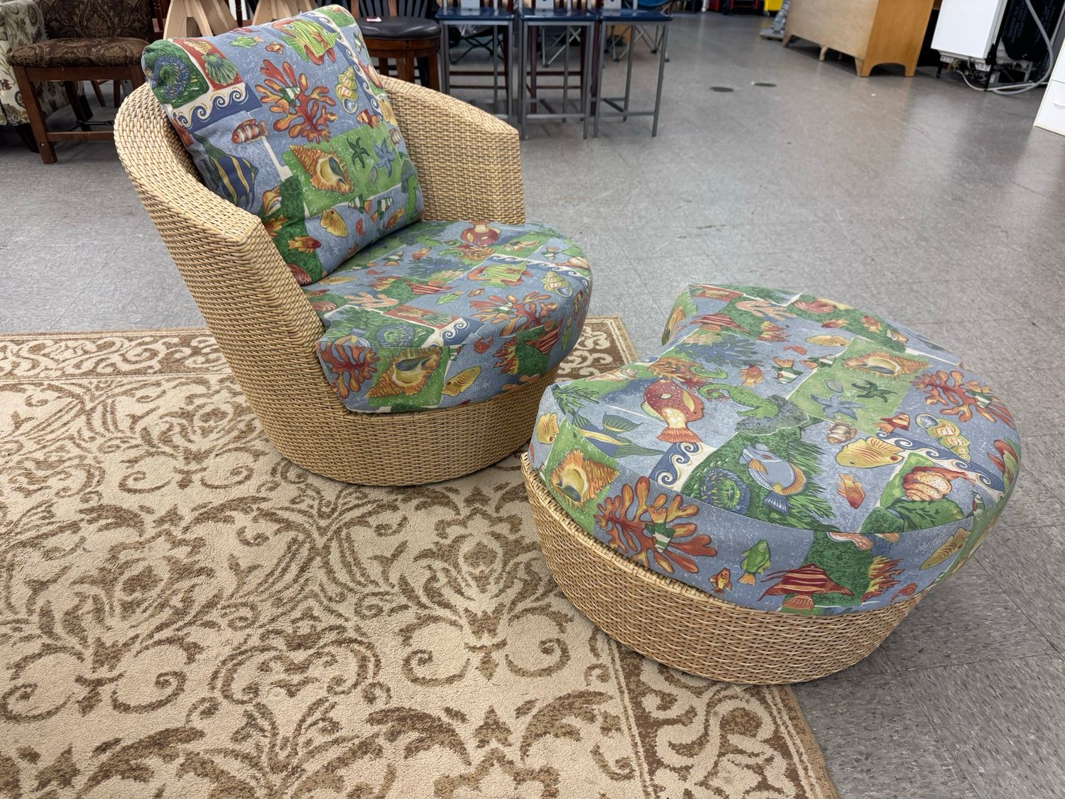 Contemp Poly Wicker Porch Barrel Chair + Ottoman + Cushions