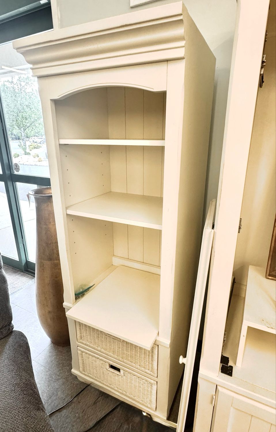 Klaussner Creamy Book Display Shelf + Basket Drawers