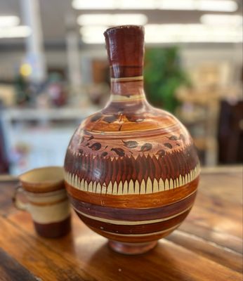 Vintage Mexican Clay Pottery Water Jug + Cup