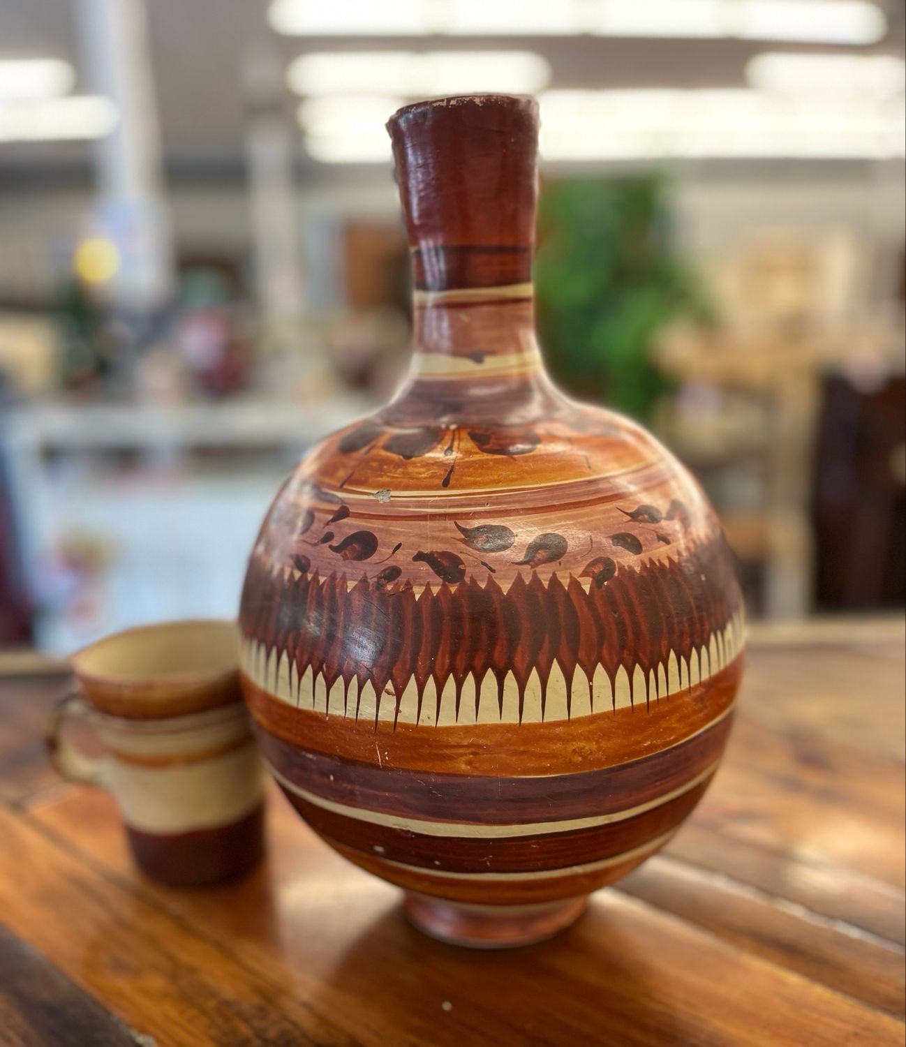 Vintage Mexican Clay Pottery Water Jug + Cup