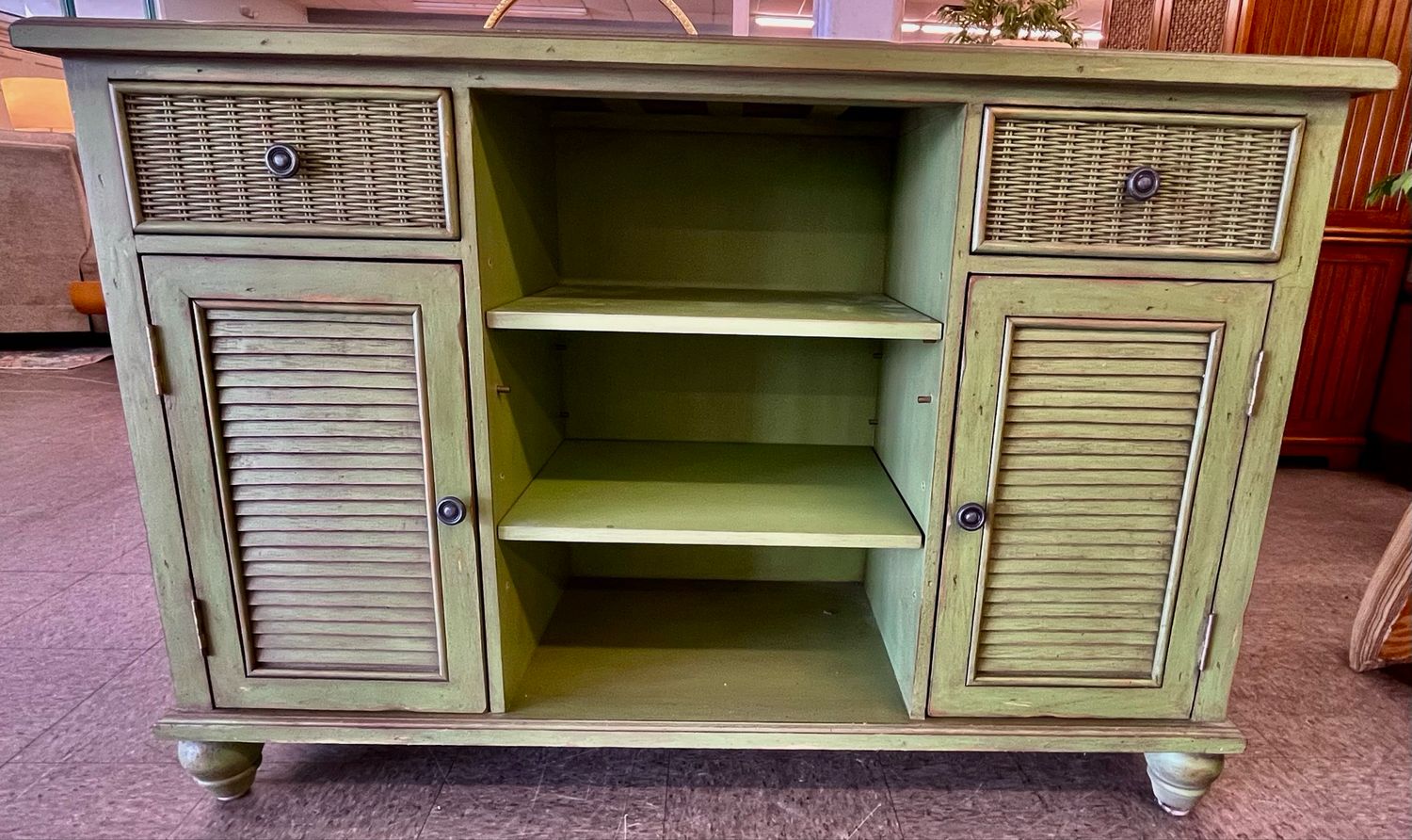 Spring Green Buffet/Server w/Wicker &amp; Louvered Drawer/Door Fronts