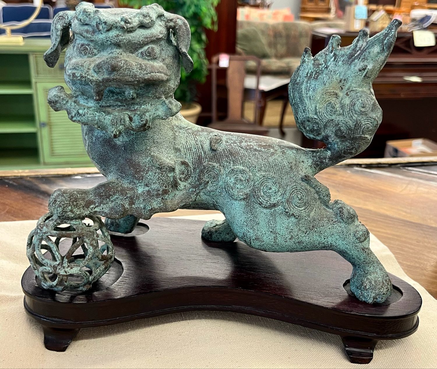 Verdigris Bronze (Male) Foo Dog on Wooden Base