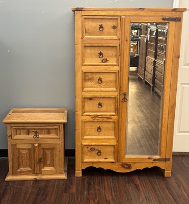 Vintage Segusino Handcrafted Mexican Pine Chest Armoire + Nightstand