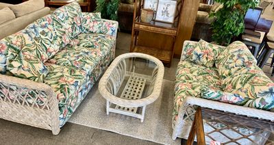 Wicker &amp; Rattan Trim Sleeper Sofa + Loveseat Set