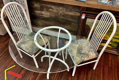 Round, Glass Topped 41” Table w/Two Chairs