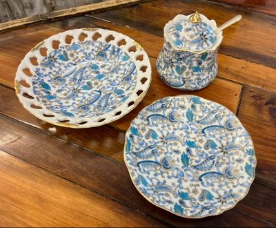 5 PC Hand painted, Lefton China Jam Jar, Underplate &amp; Wall Plate