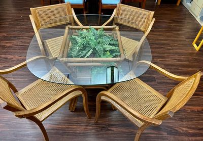 5 PC Rattan &amp; Glass Dining Table w/Four Cane Backed Chairs