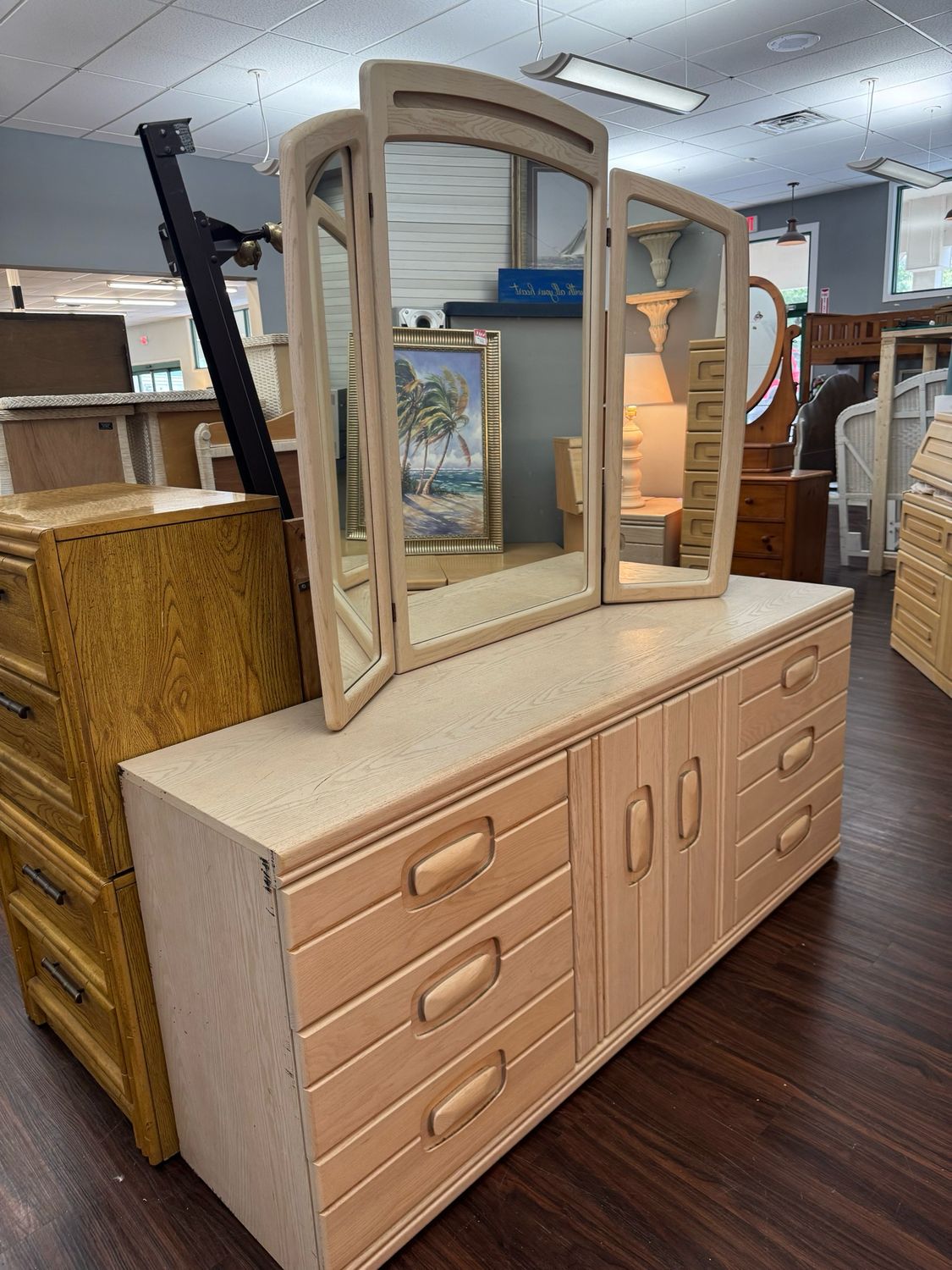 Whitewashed Dresser + Trifold Mirror