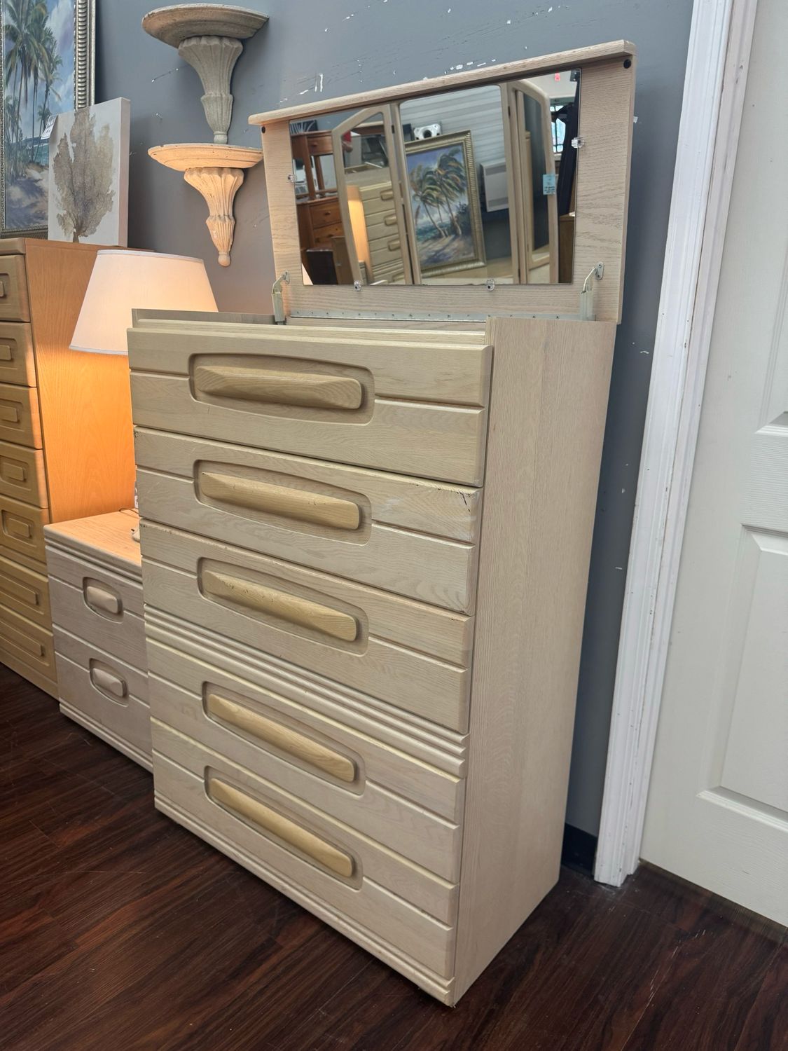 Whitewashed Tall Dresser + Top Flocked Chest