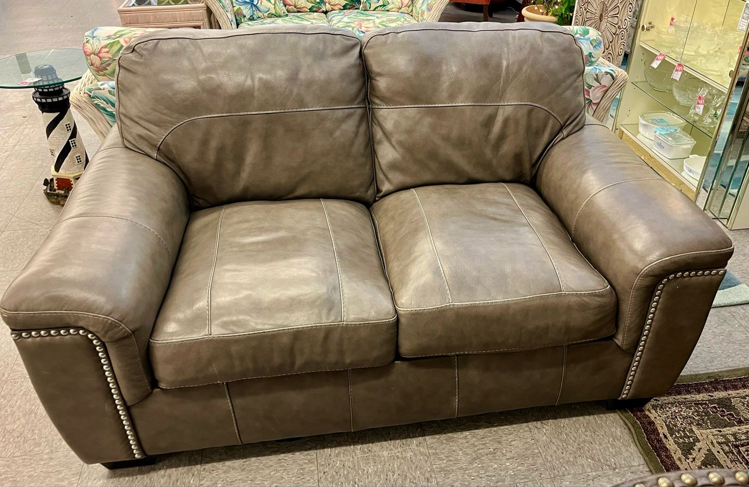Leather Loveseat w-Nailhead Trim 65”L