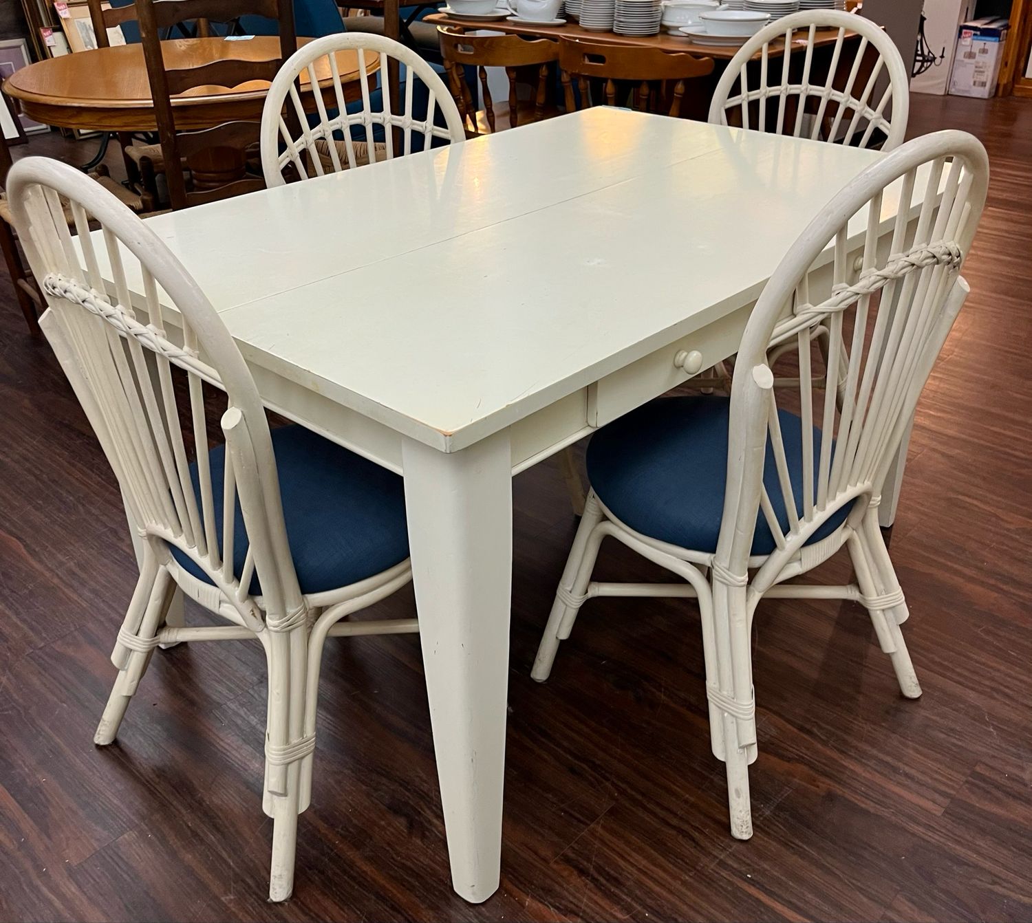 6 PC White Dining Set + Rattan Chairs