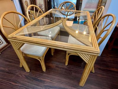 7 PC Art Deco Rattan &amp; Glass Dining Set
