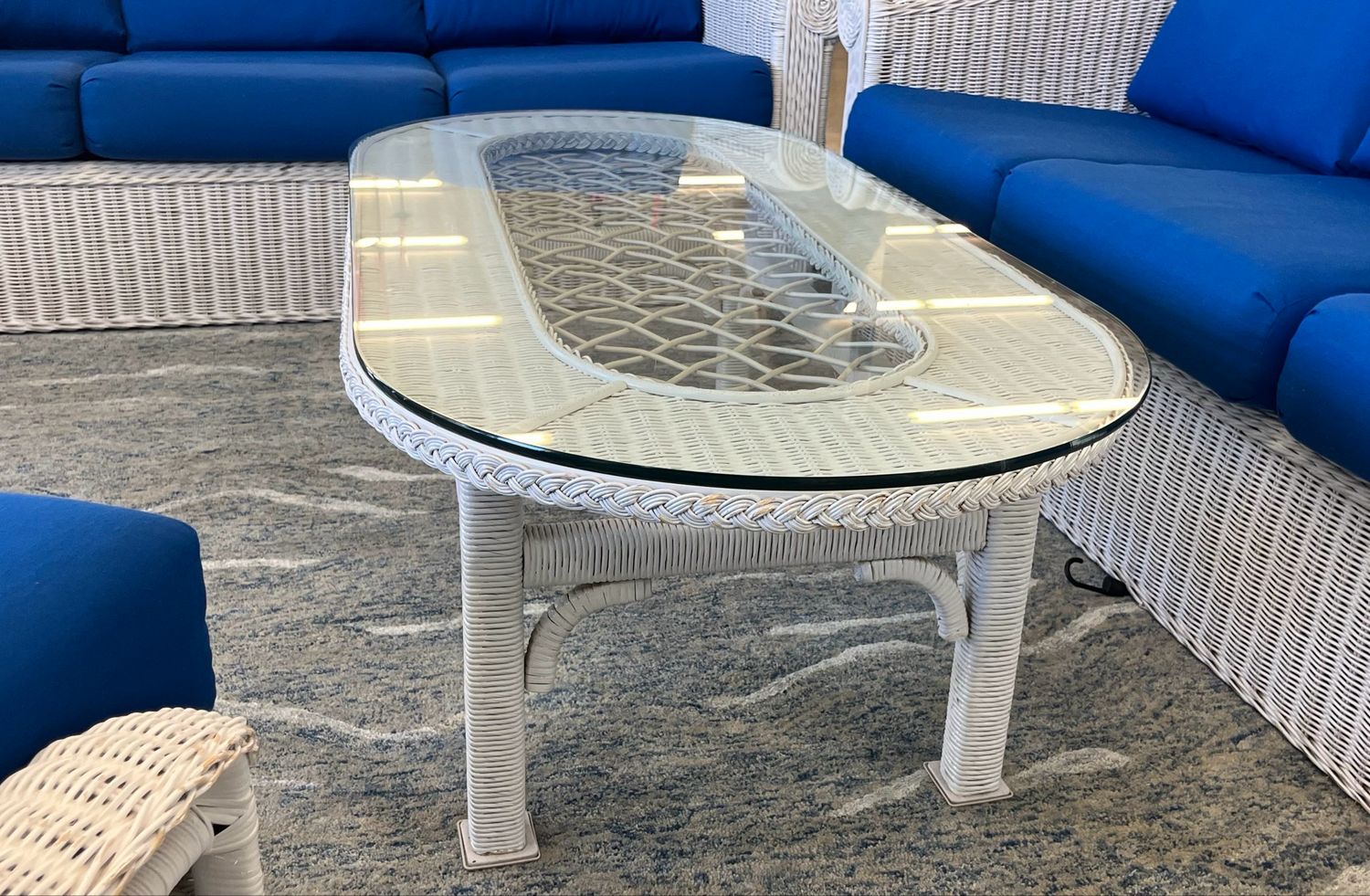White Wicker + Glass Coffee Table