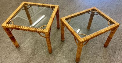 Vintage Cane Wrapped Side Table Pair