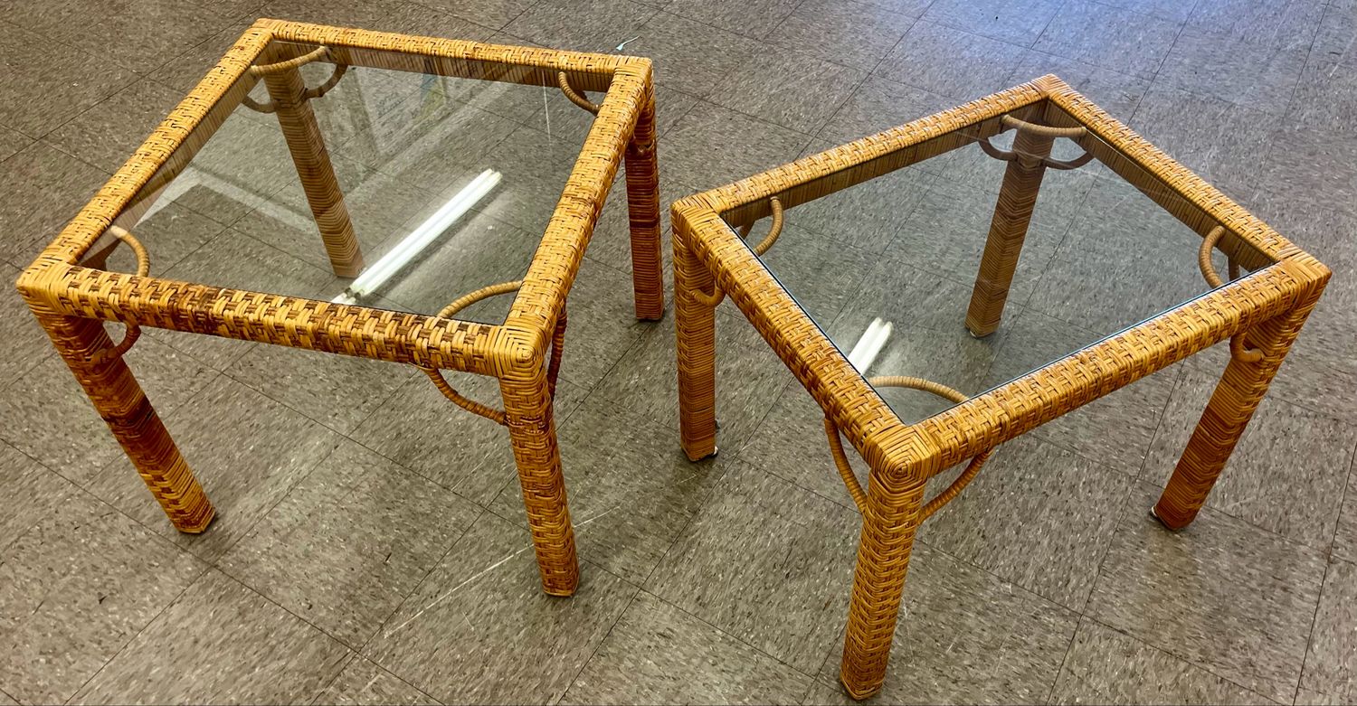 Vintage Cane Wrapped Side Table Pair