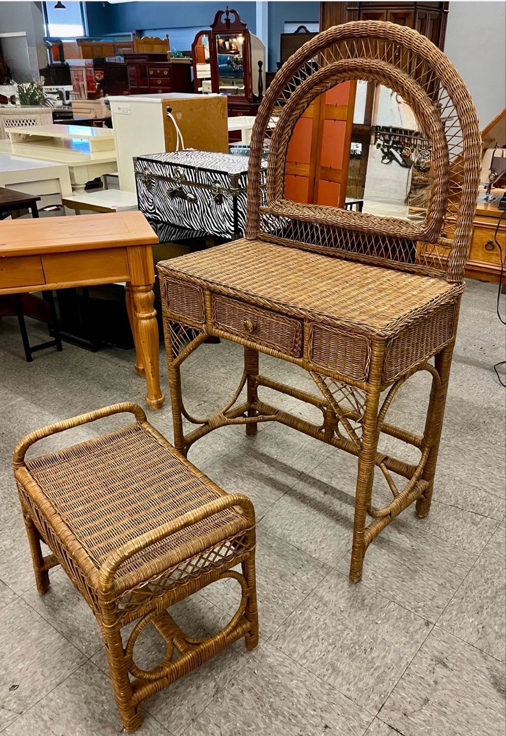 Petite Natural Wicker Vanity + Stool