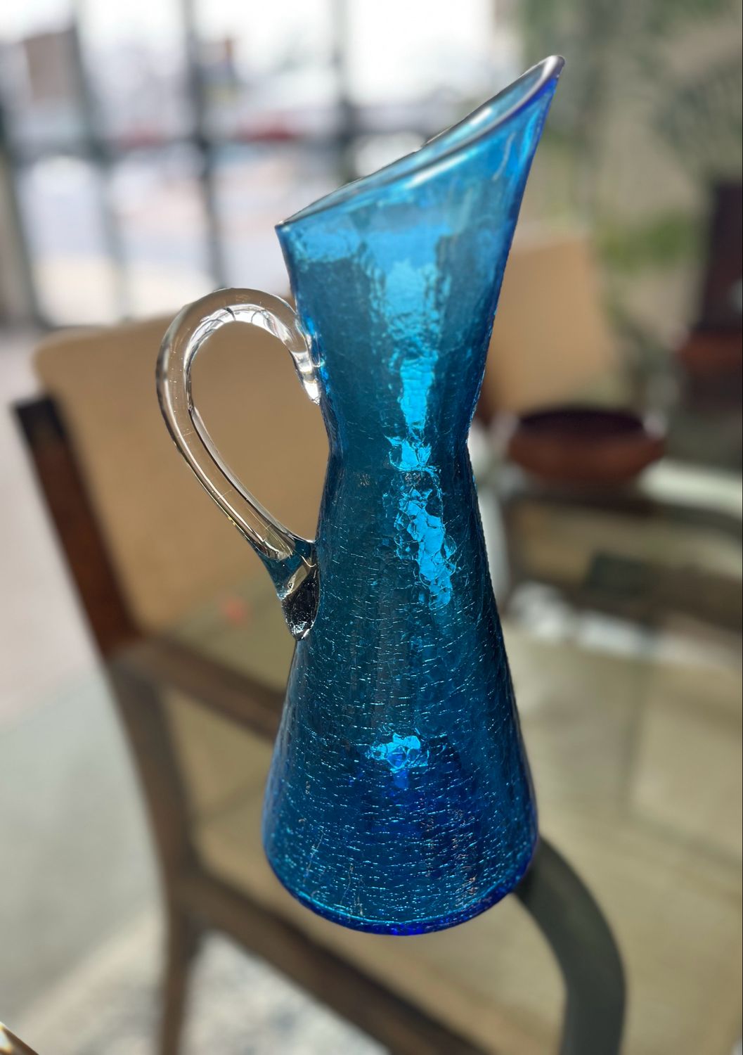 Handblown Blue Crackle Glass Pitcher