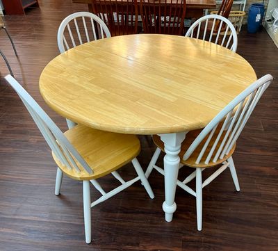 5 PC White with Pine Windsor Chair Dining Set