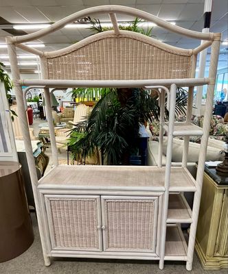 Vintage Whitewashed Rattan &amp; Wicker Etagere