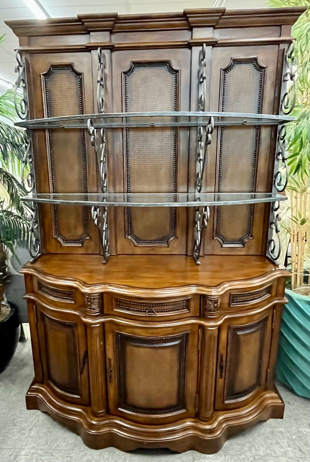 West Indies Wood + Metal + Glass Bakers Rack Cabinet
