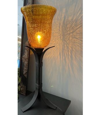 Amber Crackled Glass Shade Black Metal Lamp